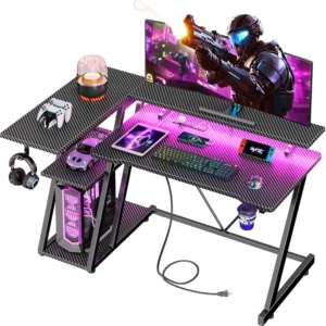 40 Inch Gaming Desk with Power Outlet and LED Lights