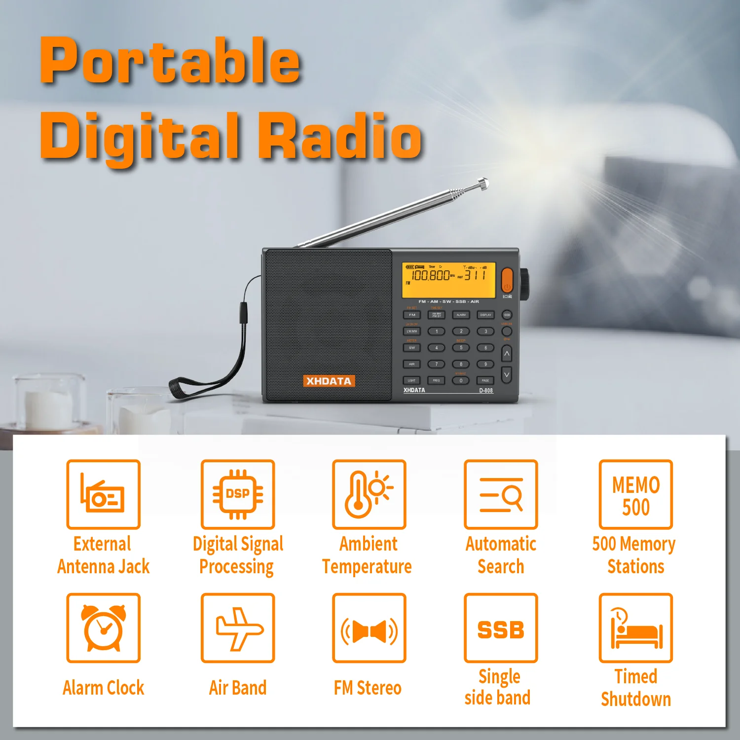 XHDATA D-808 AM/FM/SW/MW SSB AIR RDS Full Band Portable Radio - Image 2